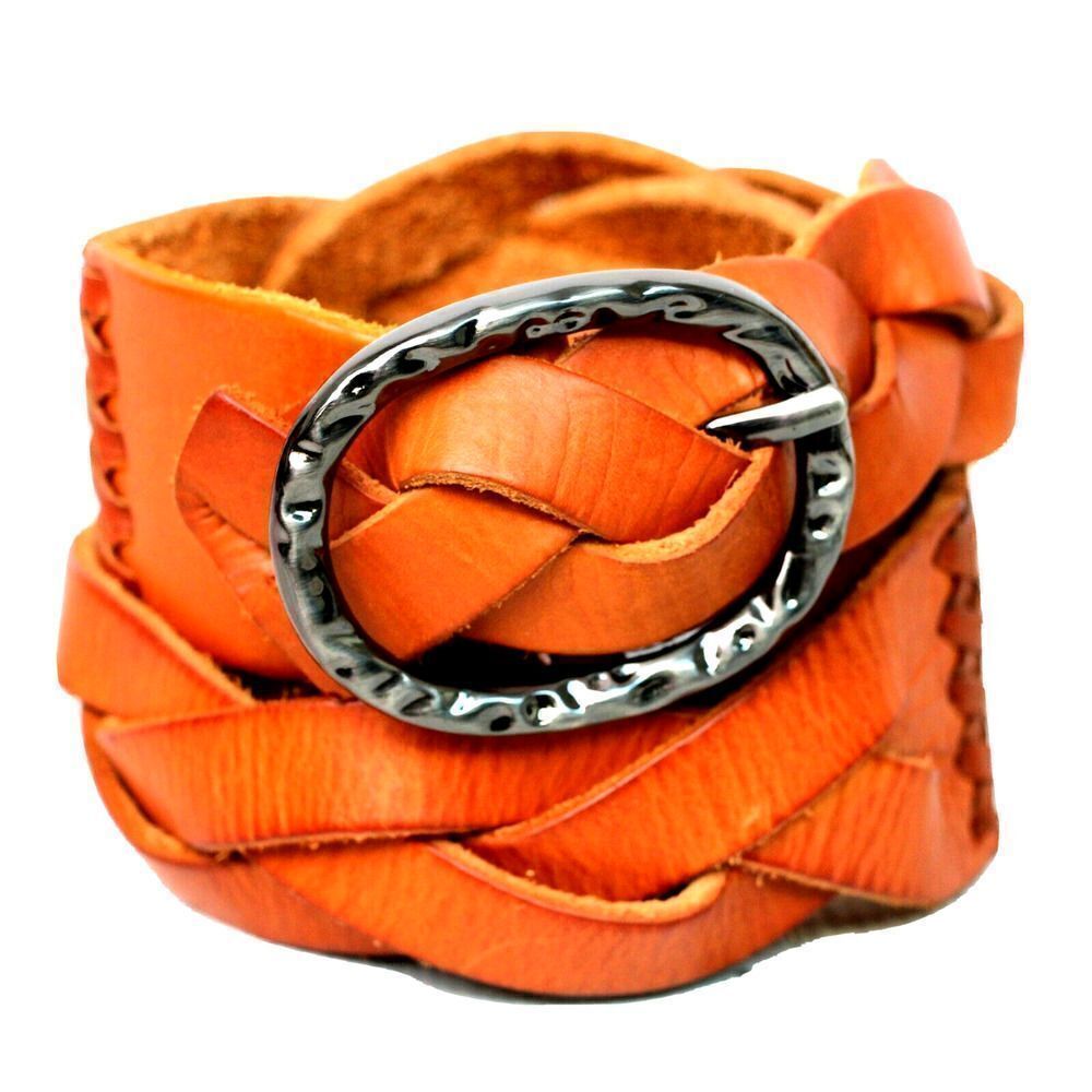 TAN BROWN GENUINE LEATHER 2"Wd STITCHED WOVEN CASUAL WOMEN'S BELT Sz L (29D